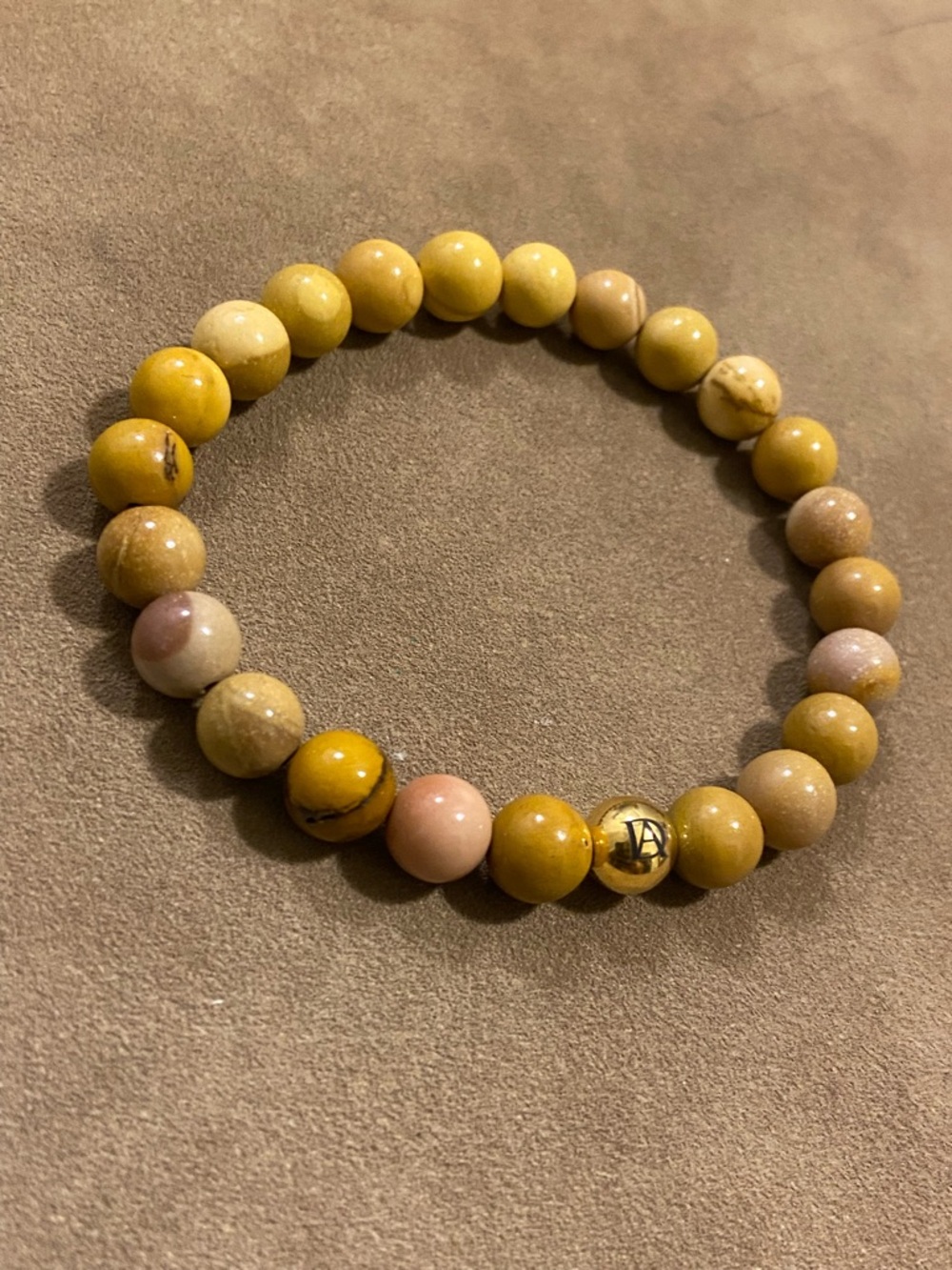 8mm Yellow Jasper Beaded Stretch Bracelet with Gold Logo Accent